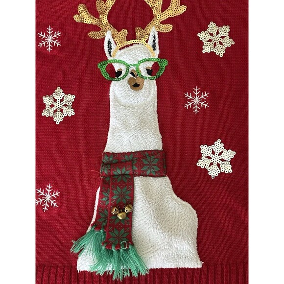 Womens Llama with Scarf Jingle Bells and Snowflakes Christmas Sweater Size Med - Picture 2 of 4